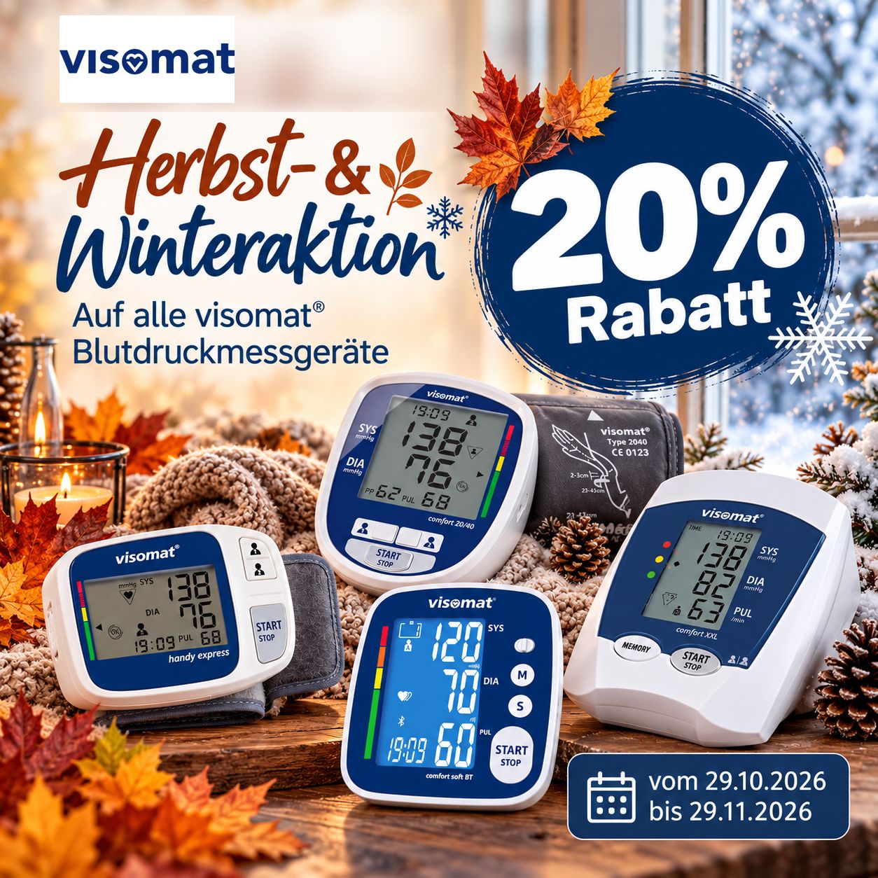 Herbst- und Winteraktion: 20% Rabatt auf alle visomat Blutdruckmessgeräte, vom 29. Oktober bis 29. November 2026